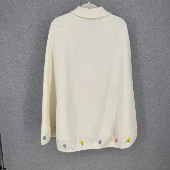 Knit Fashion VTG 50s Knit Cape Poncho One Size White Floral Embroidered Cottage - Picture 5 of 11
